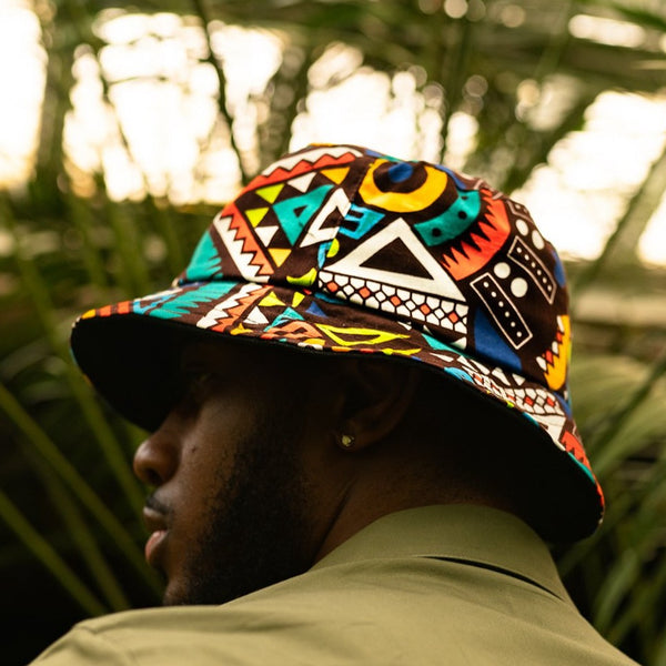 African Art Tribal Print Boonie Safari Fishing Bucket Hat Black